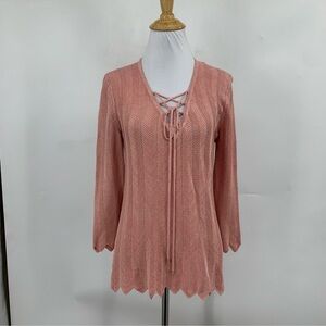 White House Black Market Tunic Womens XL Pink Gold Lace Up Knit
Scalloped Hem